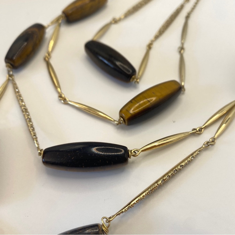 Alexis Bittar Multi Strand Necklace Tigers Eye Spear Brown Gold Pavè Crystal